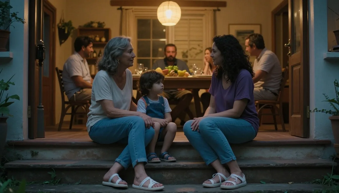 Cena familiar de tres generaciones en patio a la tardecita