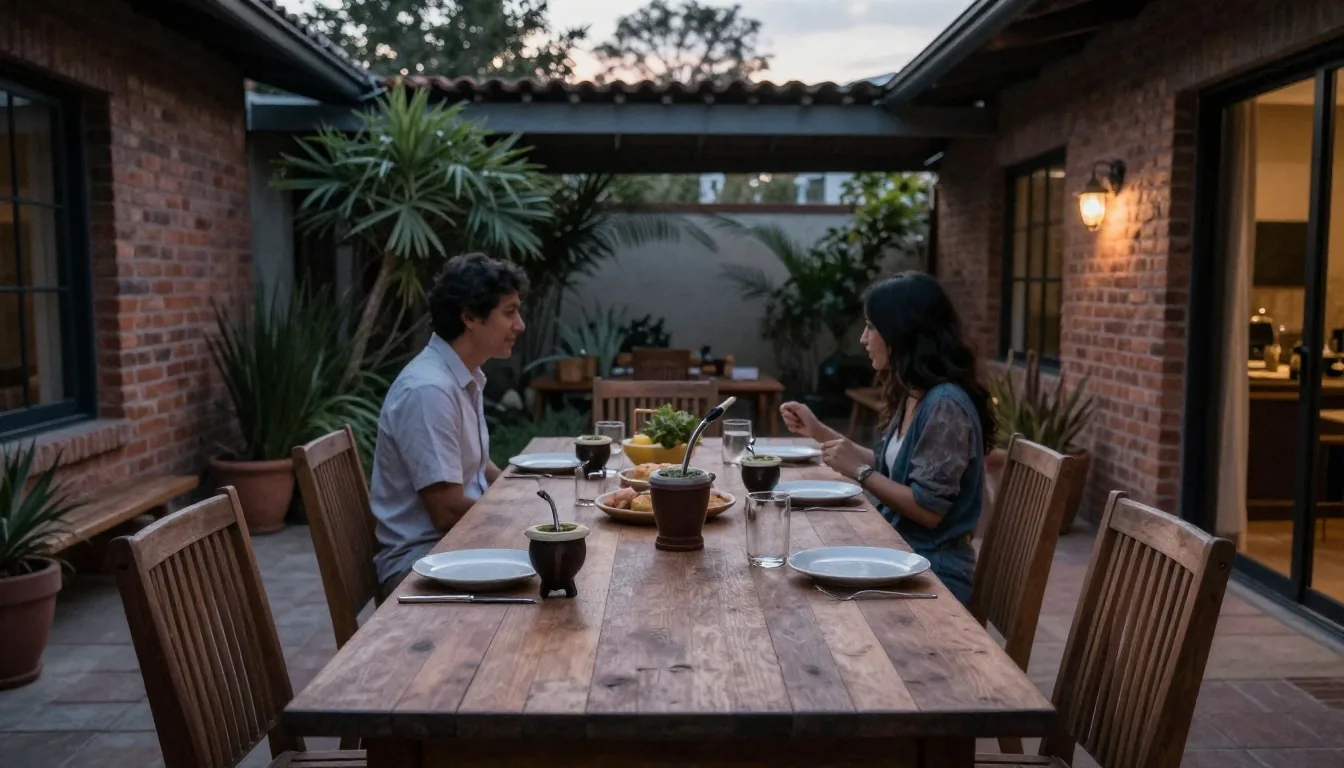 Patio familiar argentino a la mañana con tres generaciones en la mesa