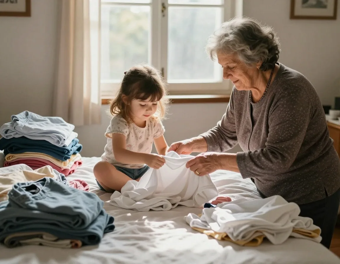 Abuela y nieta ordenando la ropa mientras la madre anota tareas