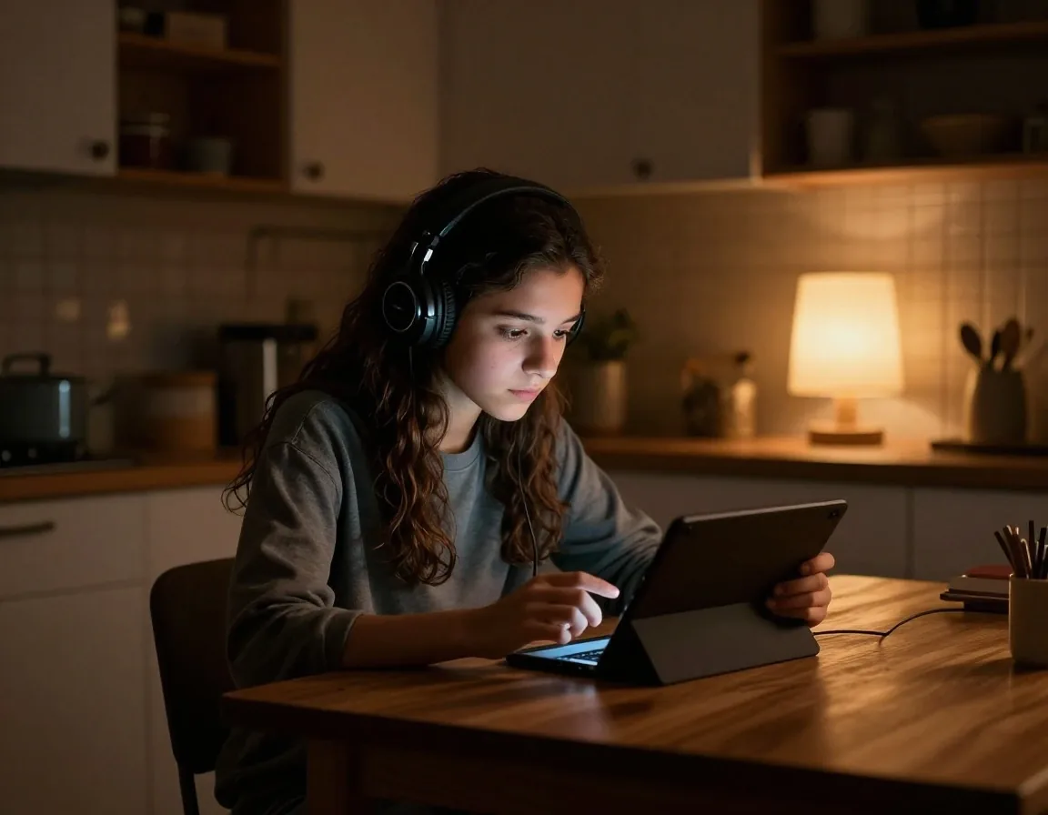 Joven con auriculares usando la tableta de noche en la cocina