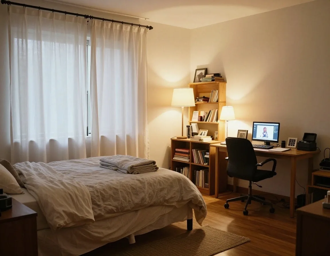 Living usado como dormitorio con cortina divisoria y rincón de estudio