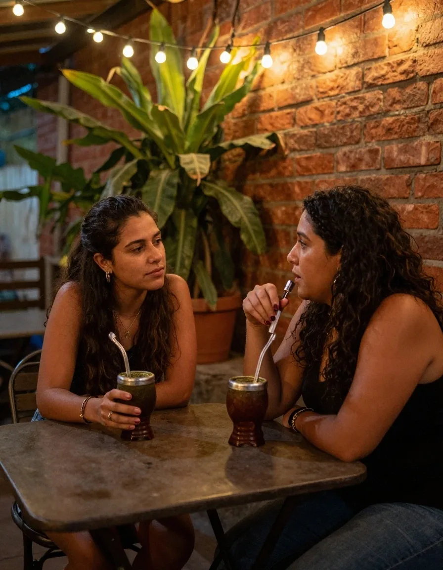 Madre e hija compartiendo mate en el patio al atardecer