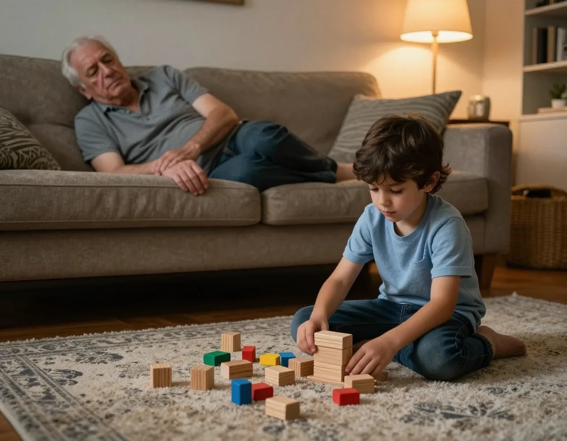 Niño jugando en silencio mientras el abuelo descansa en el sillón