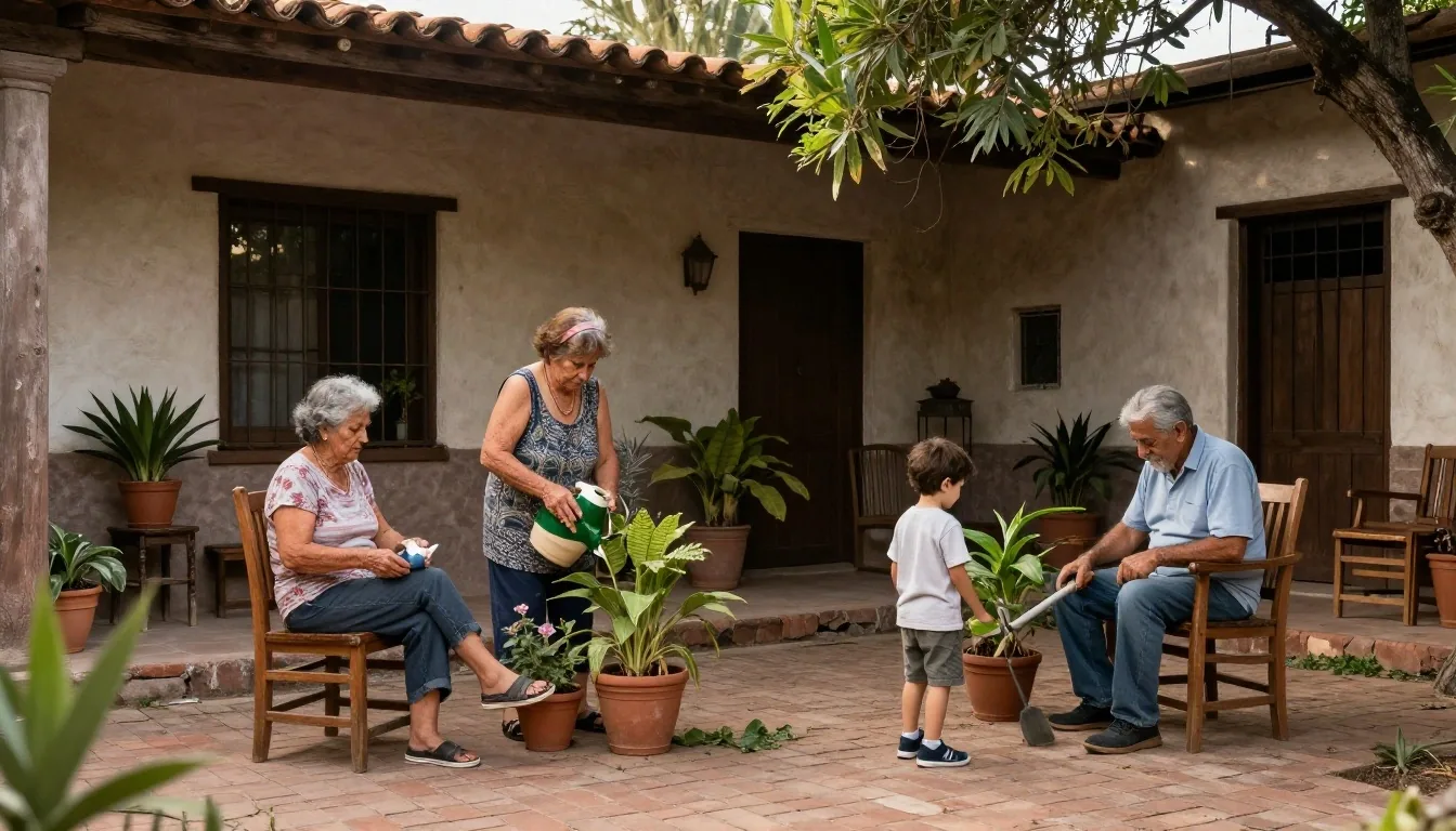 Patio familiar argentino a la mañana con tres generaciones en la mesa