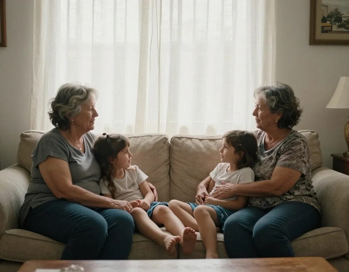 Abuela y nietos compartiendo lectura en un living luminoso