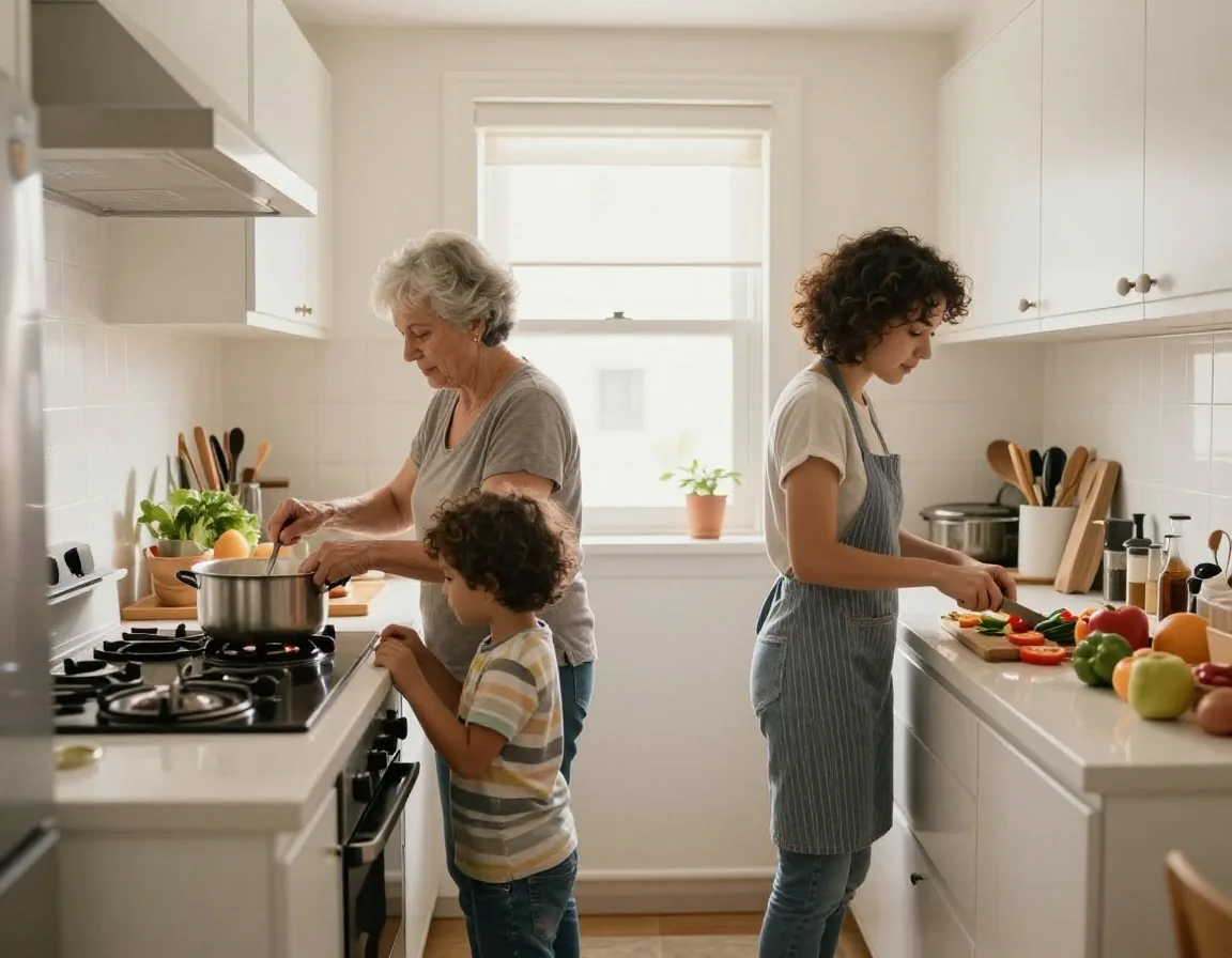 Cocina compartida en un departamento chico con tres generaciones cocinando