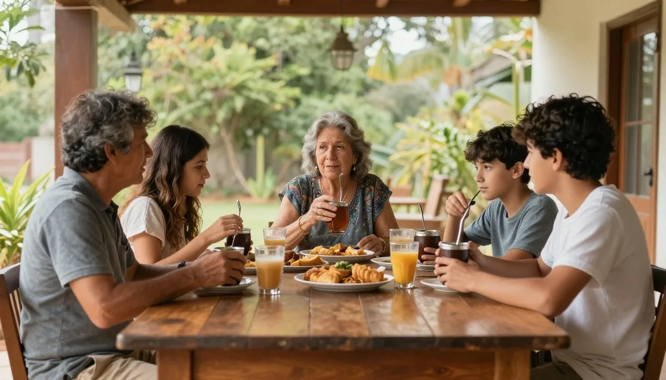 Familia de tres generaciones compartiendo la mesa en un patio argentino a la mañana
