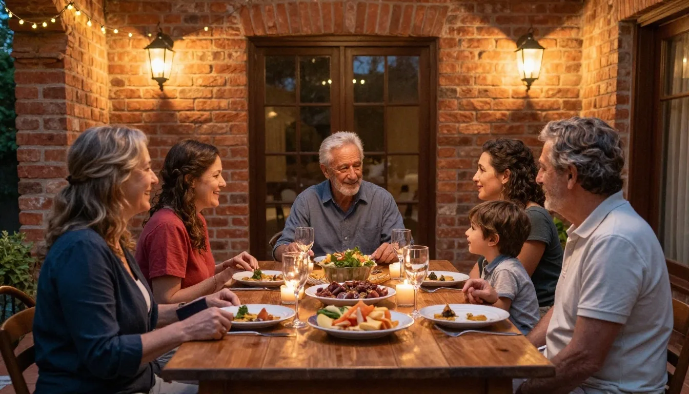 Familia compartiendo la cena en un patio iluminado al atardecer