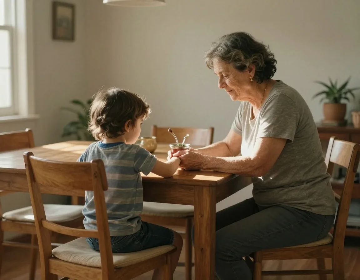 Manos de abuela y nieto sobre la mesa junto al mate
