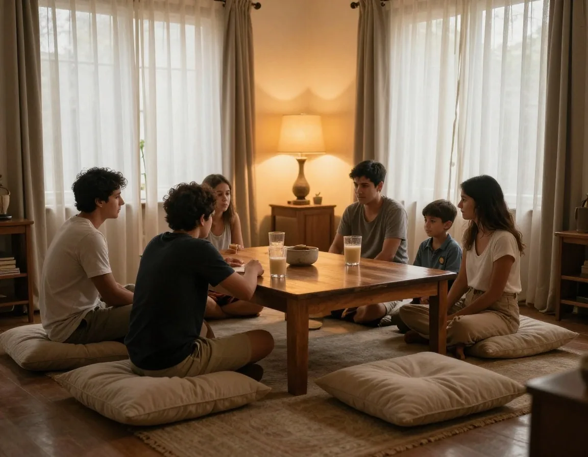 Living familiar con abuelos y nietos compartiendo una mesa baja