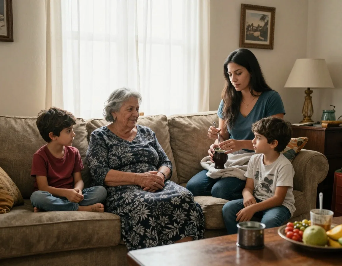 Abuela y nieto compartiendo lectura en el living mientras la madre prepara mate