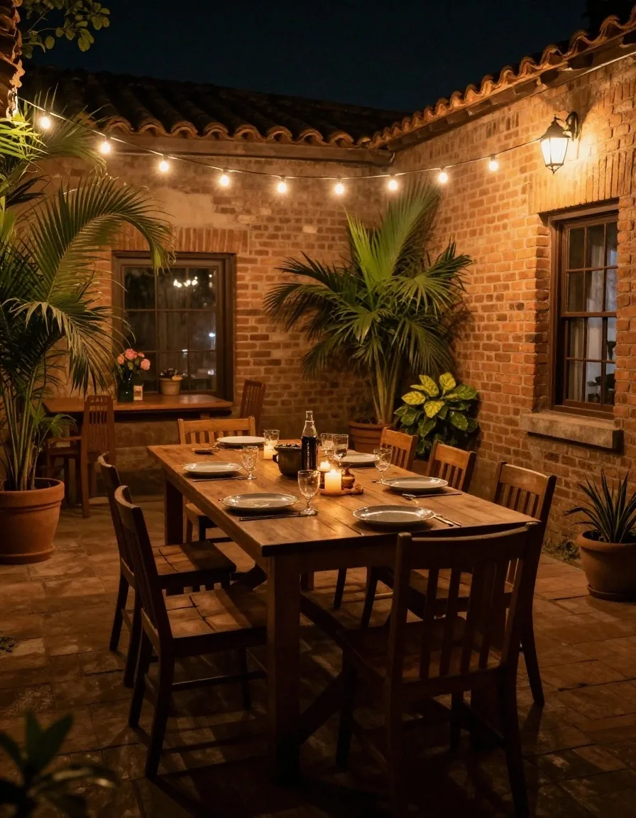 Cena familiar en patio argentino al atardecer con tres generaciones