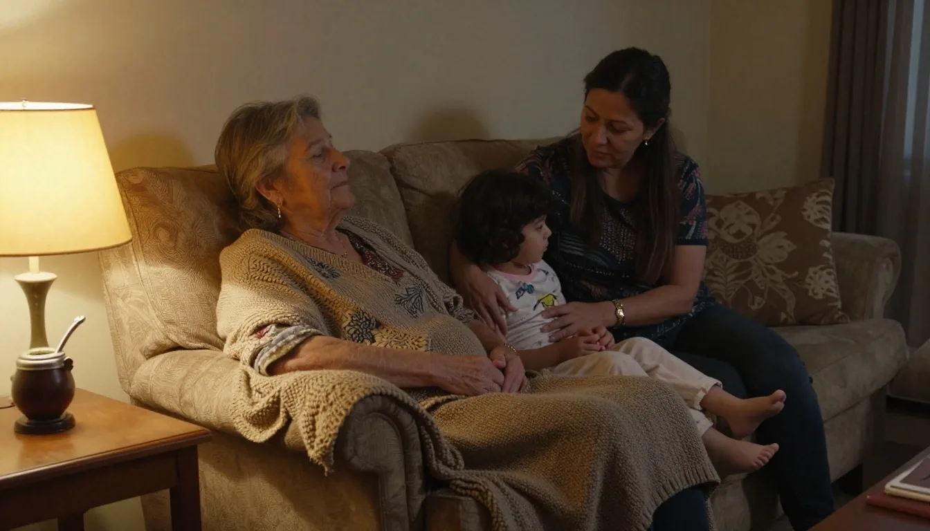 Manos de tres generaciones sobre la mesa con mate y juguetes