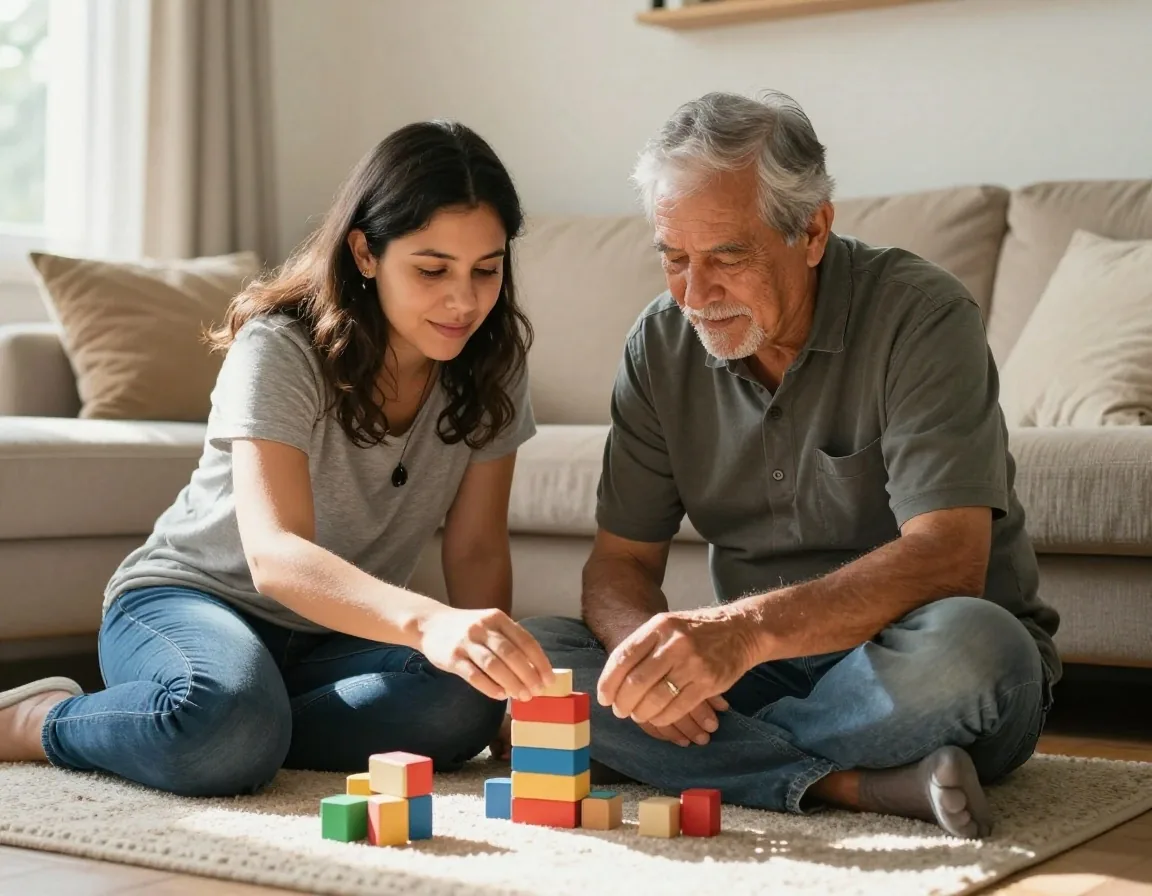 Abuelo ayudando con la tarea mientras la madre acompaña