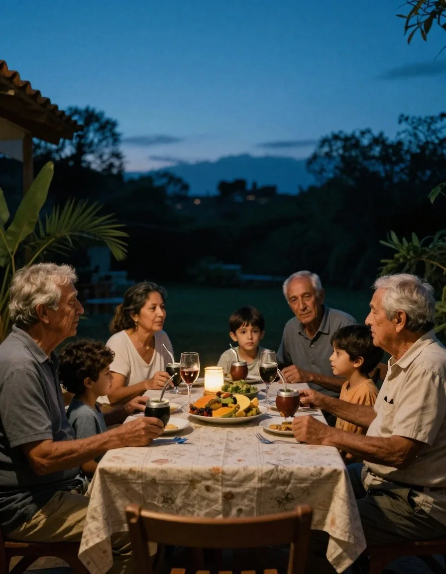 Cena familiar en el patio al atardecer con tres generaciones