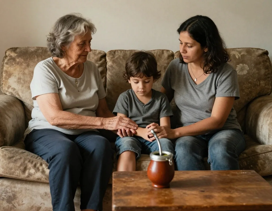 Manos de tres generaciones sobre la mesa con mate