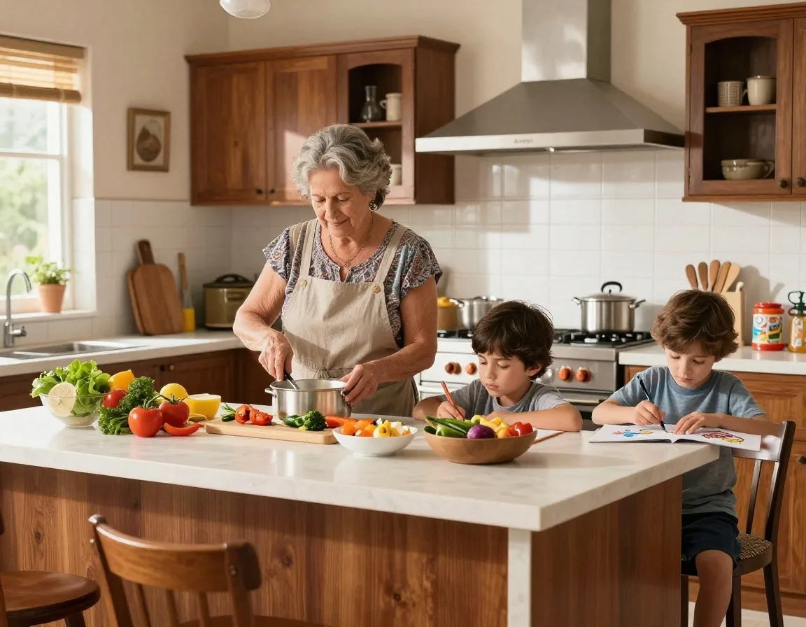 Abuela y madre cocinando juntas mientras un niño dibuja