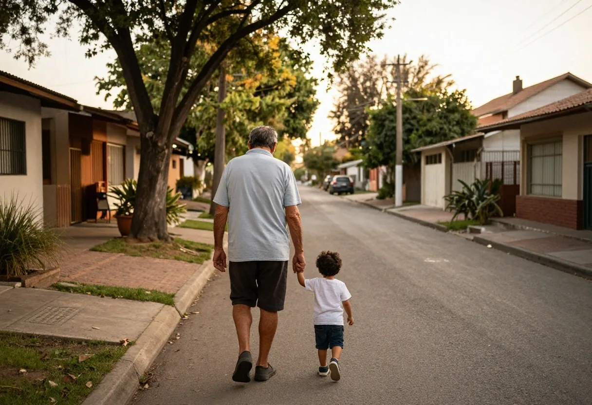Abuelo paseando de la mano con su nieto por el barrio