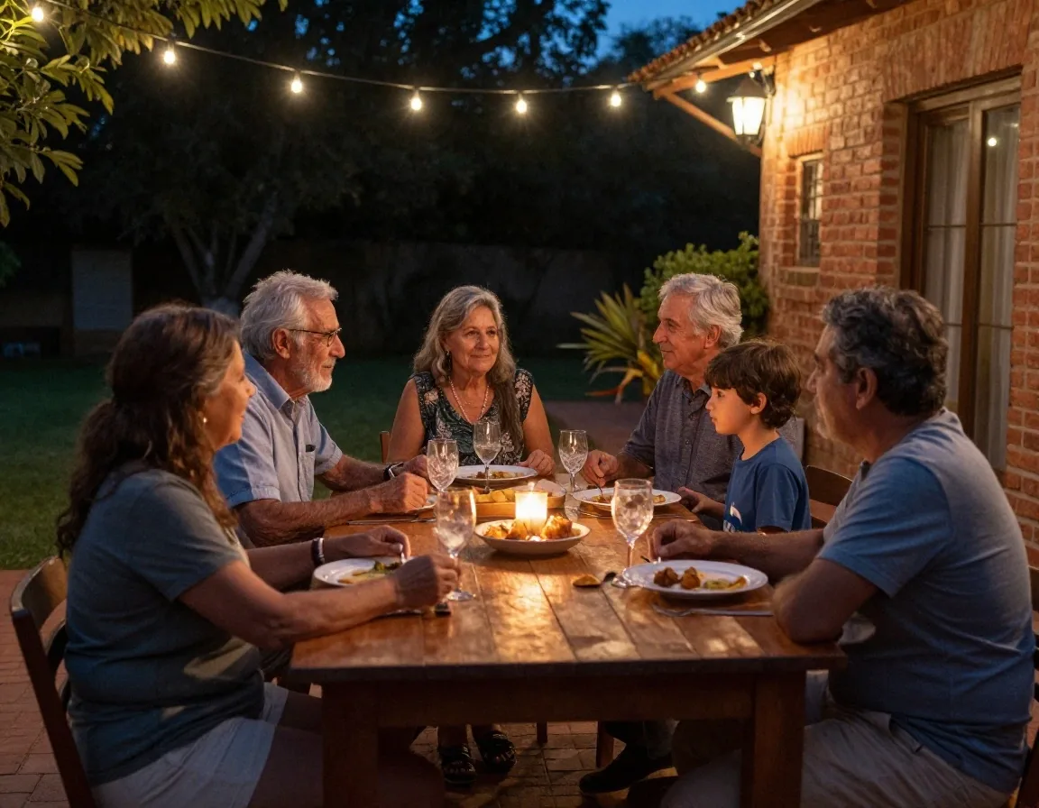Cena familiar de tres generaciones en el patio a la tardecita