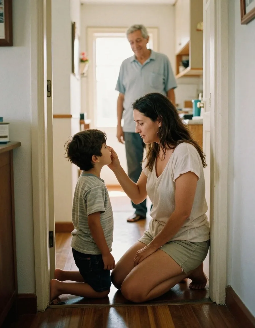 Madre conversando con su hijo pequeño mientras el abuelo acompaña desde la cocina