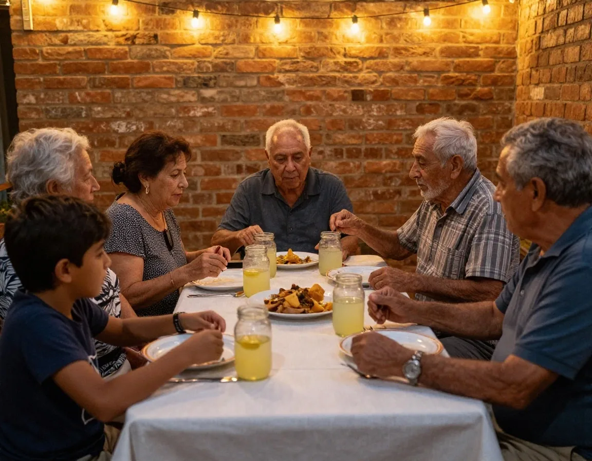 Cena familiar en el patio con tres generaciones