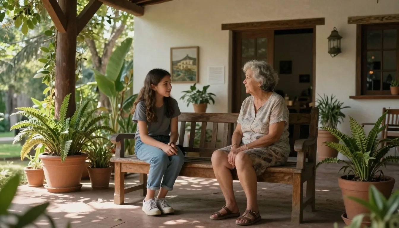 Patio familiar argentino en la mañana con tres generaciones en la mesa
