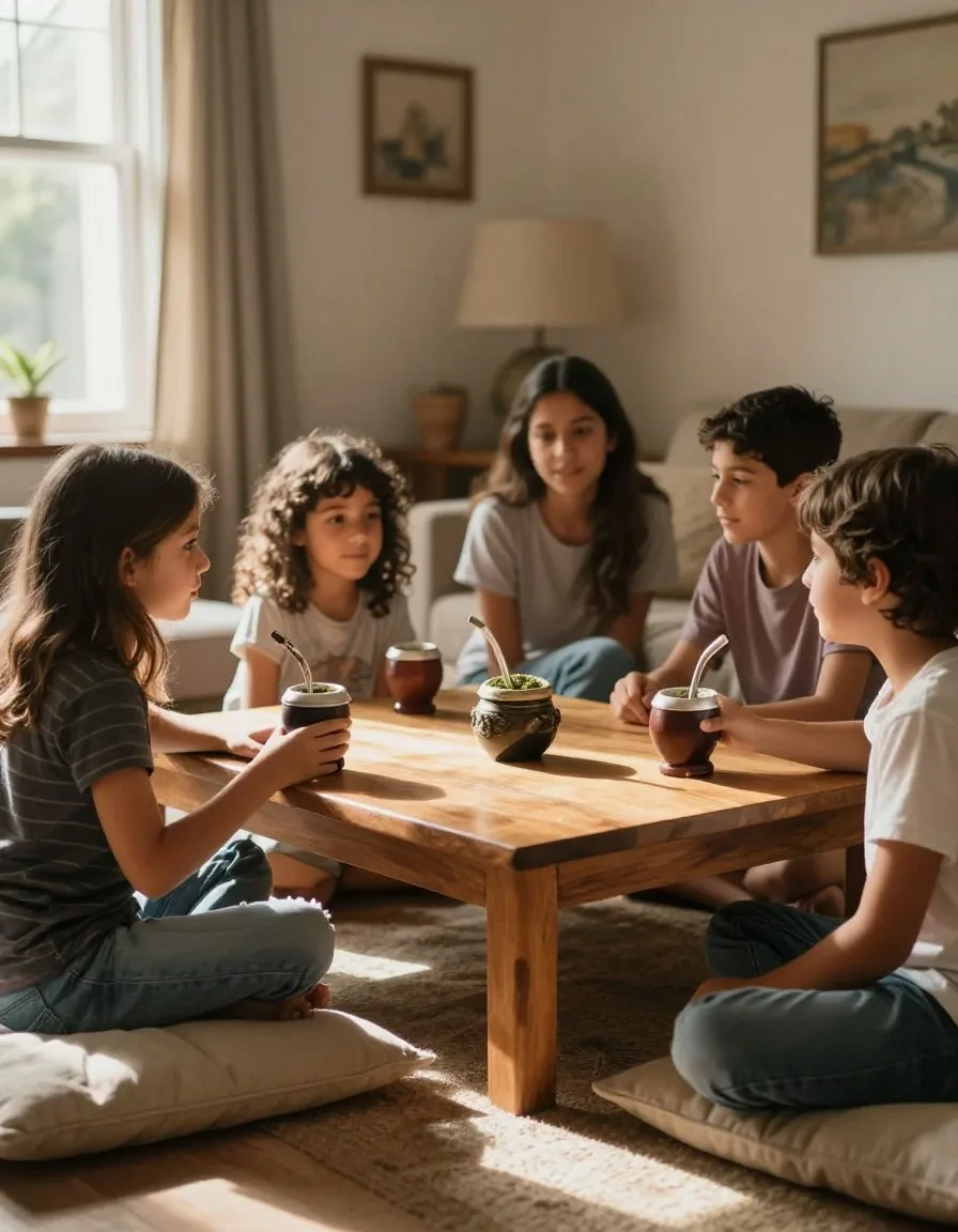 Living familiar con mesa baja y luz de tarde